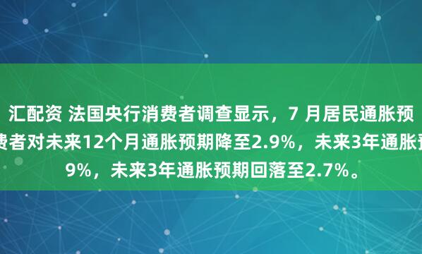 汇配资 法国央行消费者调查显示，7 月居民通胀预期整体降温。消费者对未来12个月通胀预期降至2.9%，未来3年通胀预期回落至2.7%。